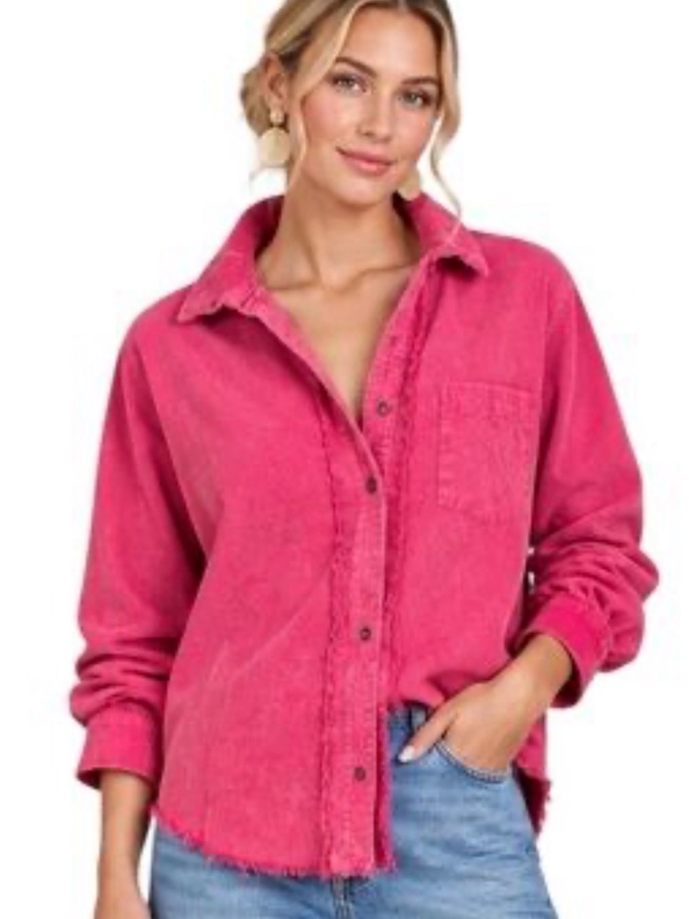Umgee Pink Button-Down Frayed Hem Shirt Jacket